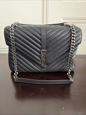 Saint Laurent Black Quilted Chevron Shoulder Bag with YSL Monogram
